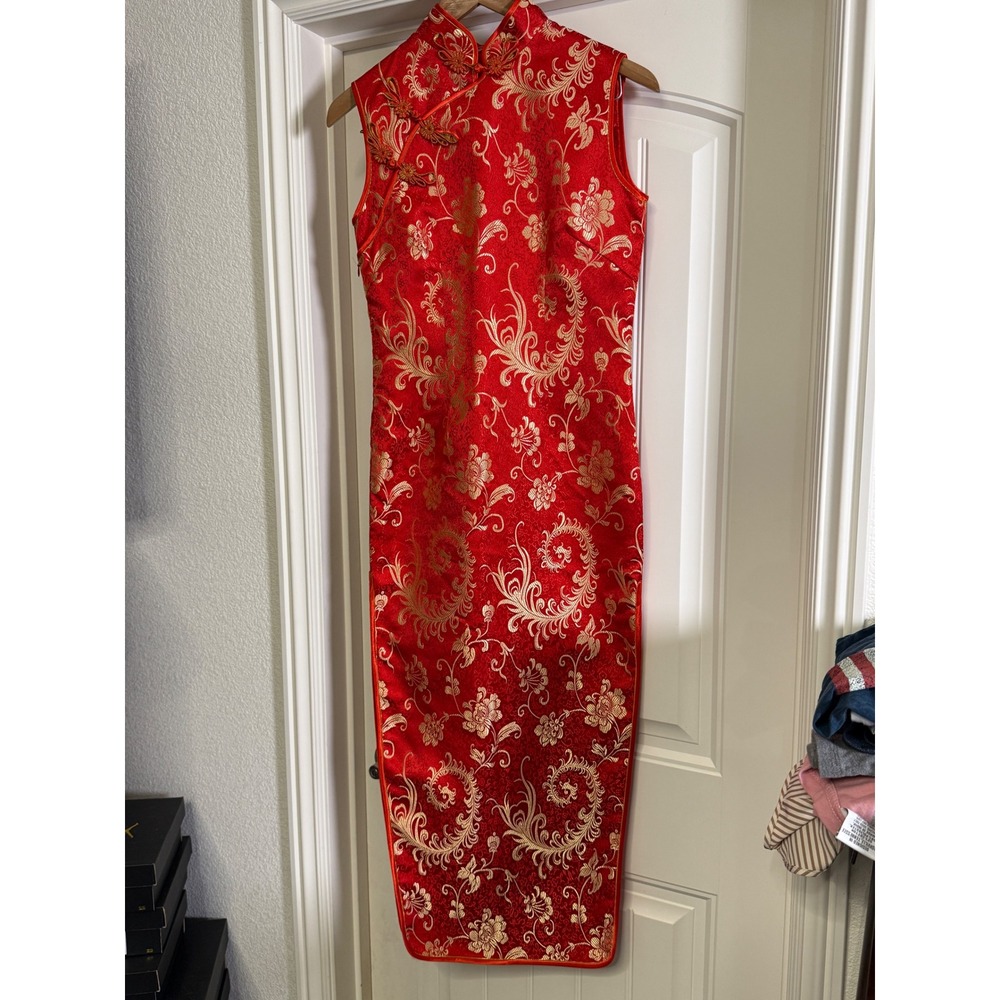 Red Gold Floral Brocade Qipao Cheongsam Dress Mandarin Collar Frog Closures XS